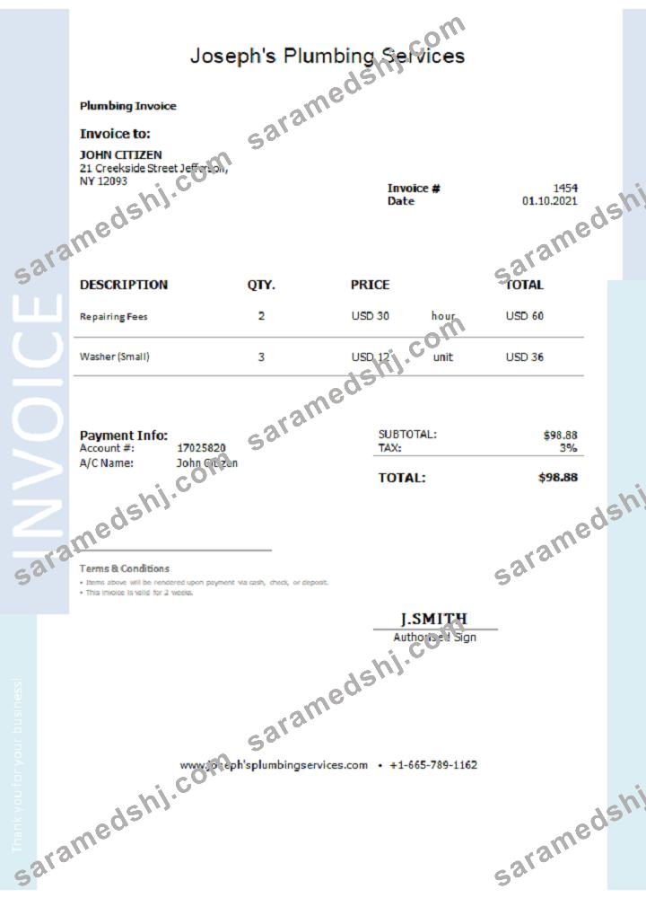 USA Joseph’s Plumbing Services invoice